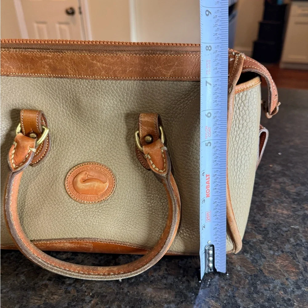 Vintage Dooney & Bourke Olive Green and Brown Leather Satchel with Brass Accents